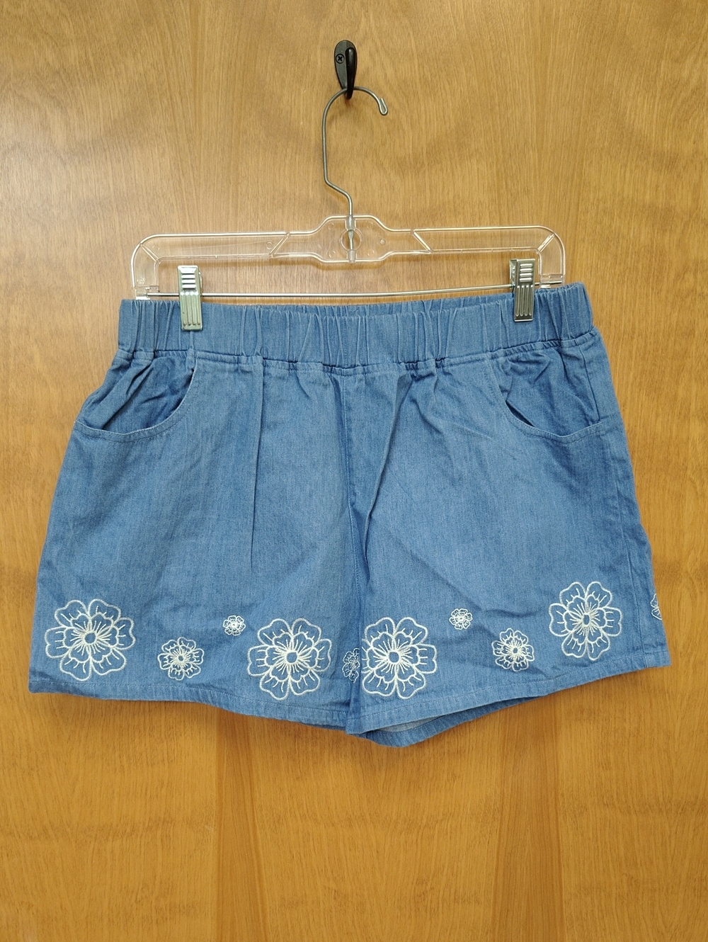 Umgee Blue Embroidered Denim-Look Pull-On Shorts